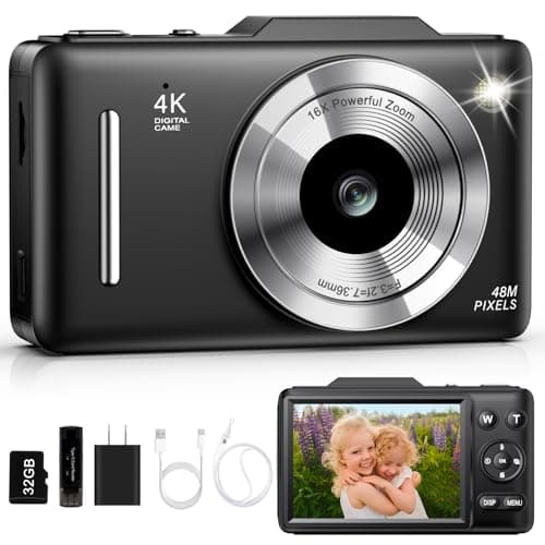 Digital Camera 4K Autofocus Vlogging Camera for Photography with 16X Zoom Anti Shake, 32GB Card, 48MP Compact Portable Point and Shoot Camera for Kids Boys Girls Teens Beginner(Black)