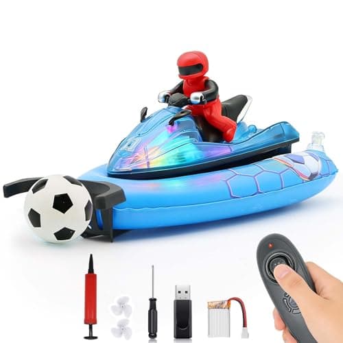 BuxxyBud Remote Control Boat for Pool with Inflatable Bumper Rechargeable Battery 700mah,Light Up & Water Spray RC Boat for Kids 8-12 Years Summer Water Toy Blue