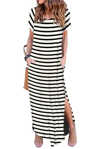 Camdoria Striped Tshirt Maxi Dress for Women 2025 Casual Short Sleeves V Neck Sundress Split Loose Long Summer Beach Cover Up Dresses Medium - Image 1