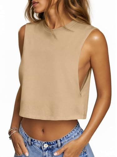 UNCLECAT Womens Workout Tank Tops Sleeveless Cropped T Shirts Summer Crewneck Loose Fit Basic Tees Khaki - Image 1