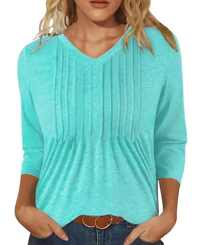 IEEILULU 3/4 Length Sleeve Womens Tops V Neck T Shirts Casual Pleated Tunic for Women Fashion Loose Blouses Green XL - Image 1