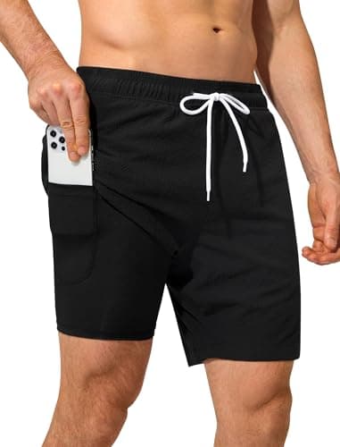 SILKWORLD Men's Swim Trunks 7 inch Seesucker Stretch Swim Shorts Quick Dry Bathing Suit with Compression Liner, Black, Medium - Image 1