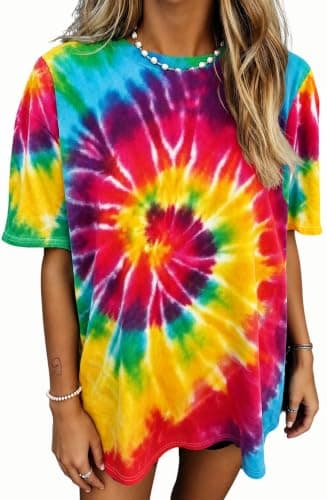 QIXYN Oversized 70s Outfits Tie Dye Shirt Women Vintage Hippie Clothes for Women Peace Love Crew Neck Casual Summer Tops