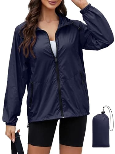 PITINAN Windbreaker Women Rain Jacket with Hood Lightweight Waterproof Rain Jackets Woman Outdoor Raincoat With Pockets Navy Blue XL - Image 1