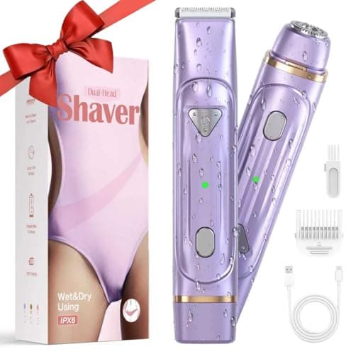 Bikini Trimmer for Women - IPX6 Waterproof Dual Head Shaver Women for Pubic Hair, Face, Legs, Underarms – Rechargeabl & Portable Cordless Shaver, Self Care Gifts for Women (Purple)