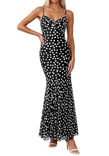 BTFBM Summer Dresses for Women 2026 Spaghetti Straps Sundress Twist Knot Mesh Mermaid Wedding Guest Dress Beach Vacation(Small Polk Black, Large) - Image 1