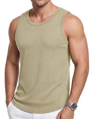 Cotrasen Ribbed Tank Top Men Knit Sleeveless Shirts for Men Casual Fitness T Shirt Cut Off Gym Workout Muscle Tee LightKhaki S - Image 1