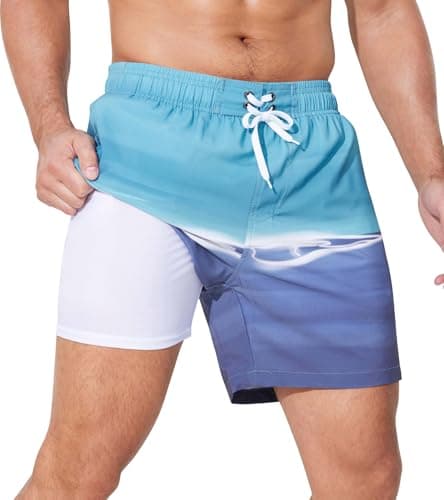 SILKWORLD Mens Swimsuit Trunks 6" Quick-Dry Swim Shorts with Compression Liner and Zipper Pockets,Gray Lake Green Gradient,Small - Image 1