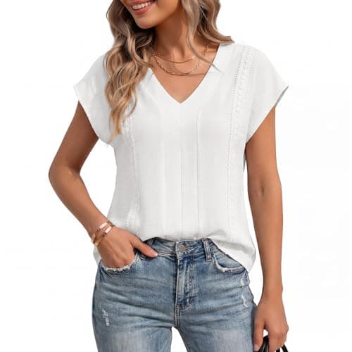 T Shirts for Women Womens V Neck Tops Summer Casual Blouses Dressy Lace Trim Short Sleeve Basic Tees Boho Fashion White - Image 1