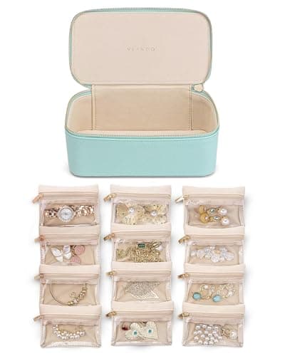 Vlando Jewelry Travel Case,Travel Jewelry Organizer with Clear Velvet Jewelry Bags 12Pcs Zipper Pouch for Women Girl Trendy Stuff Gift-Lake Blue - Image 1