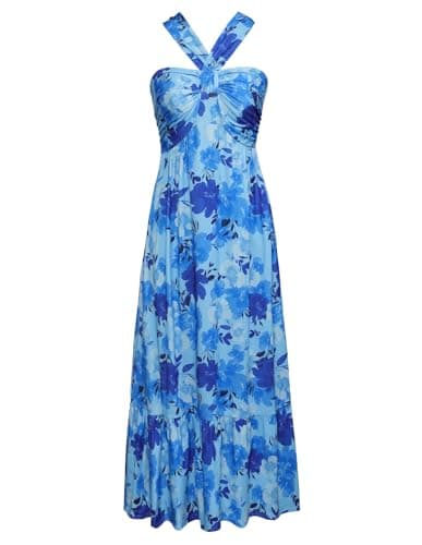 GRACE KARIN 2024 Summer Women's Criss Cross Halterneck Sleeveless Floral Print Flowy A Line Maxi Dress Blue Floral L - Image 1