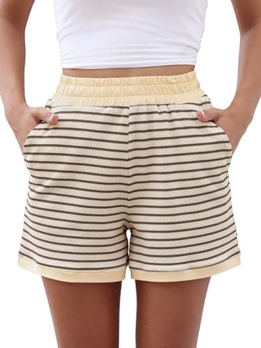 ANRABESS Women's Striped Shorts - Summer Casual Beach Lounge Sleep Pajama with Elastic Waist Beige Brown Stripe Small - Image 1