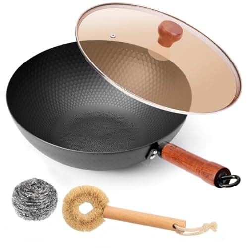 WANGYUANJI Carbon Steel Wok Pan with Lid, 12.6 Inch Flat Bottom Wok for Induction, Gas & Electric Stoves, Chinese Stir Fry Pan with Detachable Wooden Handle - Image 1