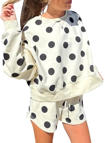 KevaMolly Womens Two Piece Lounge Sets Polka Dot Print Drop Shoulder Oversized Pullover Drawstring Shorts Set Beige S - Image 1