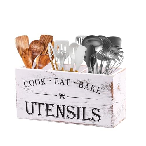 Kitchen Utensil Holder for Counter or Countertop, Extra Large Wood Organizer with 3 Compartments, Wooden Storage for Cooking and Silverware, Rustic Minimalist Decor, Sturdy Utensil Crock-White - Image 1