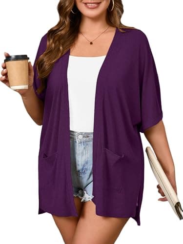 AusLook Plus Size Purple Cardigan for Women 5X Short Sleeve Lightweight Open Front Shrug with Pockets for Dresses and Layering - Image 1