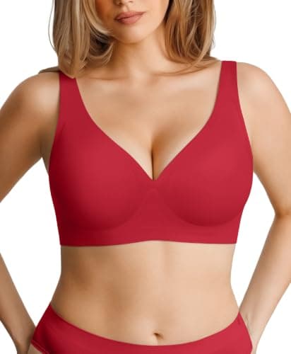 Seamless Bras for Women Comfy Push Up Supportive Wireless Bralettes Deep V Comfortable Tshirt Bras No Underwire Red S - Image 1