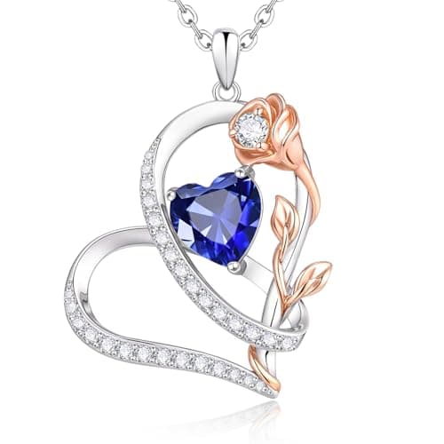 Rose Heart Birthstone Necklace for Women - Dainty 925 Sterling Silver Necklaces for Women Trendy CZ Pendant Necklace Jewelry Birthday Anniversary Christmas Gifts for Girlfriend Mom Lady Daughter - Image 1