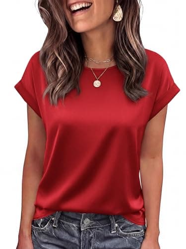 BTFBM Summer Tops for Women 2026 Dressy Satin Blouses Loose Crew Neck Short Sleeve Shirts Work Business Casual Outfits(Red, X-Large) - Image 1