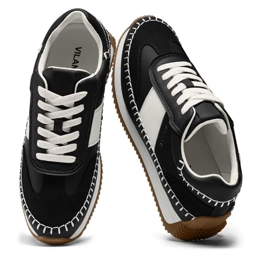Vilanva Women's Black Fashion Sneakers Casual Tennis Shoes with Non-Slip Retro Gum Sole Ladies Walking Trendy Footwear Size 10 - Image 1