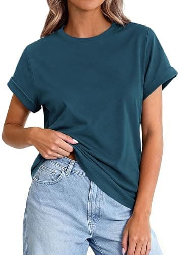 PRETTYGARDEN Womens Summer Tops 2026 Spring Casual Rolled Short Sleeve Basic Tees Crew Neck Work Shirts Fashion Clothing (Dark Blue,X-Large) - Image 1