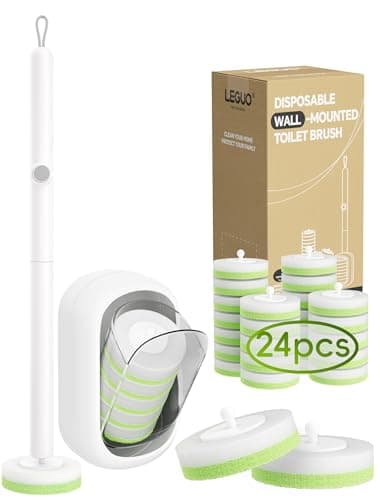 LEGUO Wall Mounted Disposable Toilet Brush System with Holder, Toilet Bowl Cleaning Wand with Green Refills and One-Button Release, 1 Wand and Holder with 24 Green Refills