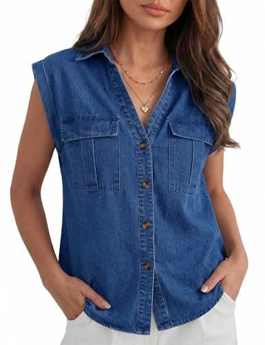 POTILI Women's Sleeveless Denim Shirts, Button Down V Neck Jean Cap Blouse Top Trendy Casual Dark Blue - Image 1