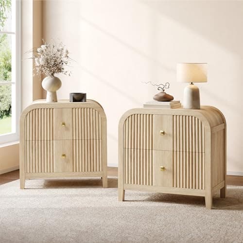 ModernMate Set of 2 Modern 2-Drawer Nightstand with Wave-Fluted Front & Curved R-Angle Top, Thickened Wood Bedside Table with Brushed Copper Pulls for Bedroom, Living Room - Image 1