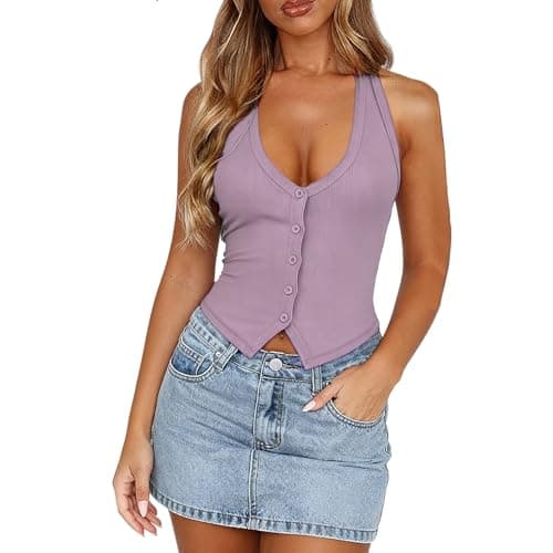 Halter Tops for Women, Sexy Tops for Women, Going Out Tops, V Neck Sleeveless Backless Y2k Tank Top, Ribbed Slim Fit Top (Medium, Purple) - Image 1