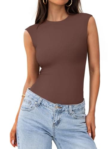 PINKMSTYLE Womens Tank Top Bodysuit Double Lined Crew Neck Summer Basic Sleeveless Going Out Body suits Tops Coffee Large - Image 1