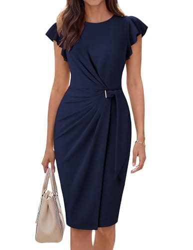 GRACE KARIN Navy Blue Church Dresses for Women,Ruffle Short Sleeve Work Dress,Ruched Bodycon Business Midi Dress 2XL - Image 1