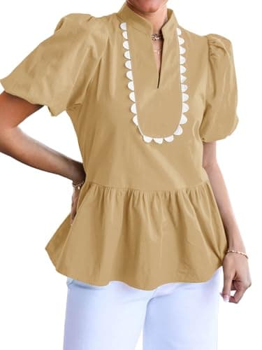Cicy Bell Womens Puff Sleeve Peplum Blouses Ruffle V Neck Summer Casual Tops Babydoll Loose Fit Shirts Khaki - Image 1