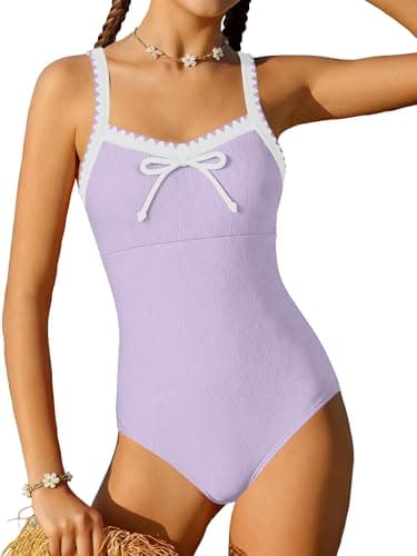 AMAWMW Girls One Piece Swimsuit Ribbed Bowknot Bathing Suit Summer Beach Swimwear Swim Suit for 7-16 Years Girl, Purple, 7-8 Years