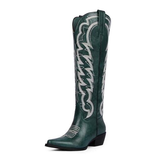 Modatope Cowgirl Boots Women Green Pointed Toe Chunky Heel Embroidered Cowboy Knee High Boots Pull on Tab Fashion Retro Western Wide Calf Boot Size 6.5 - Image 1