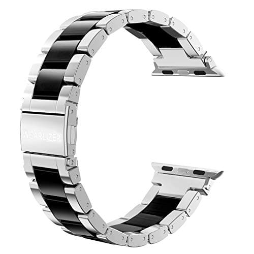 Wearlizer Compatible with Apple Watch Bands 42/44/45/46/49mm Men Womens Replacement Strap Silver Stainless Steel & Black Resin Wristband Fashion iWatch Series 11 10 9 8 7 6 5 4 3 SE/Ultra 3 2 1 - Image 1