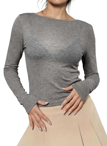 EVALESS Womens Long Sleeve Sheer Tops Wool Blend Shirts 2026 Casual Fitted Basic Tees Boat Neck See Through Tops Lightweight T Shirts Gray Large - Image 1