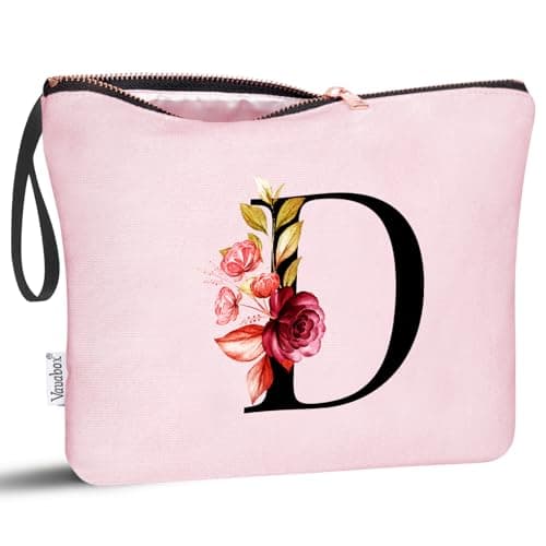 Vavabox A-Z Personalized Makeup Bag, Birthday Gifts for Women Mom, Gifts for Best Friend, Bride Bridesmaid Cosmetic bag (D, Pink) - Image 1