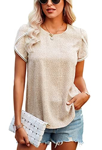 Angashion Women's Tops Casual Floral Print Lace Crochet Short Sleeve Crewneck Summer Loose Blouse Shirt Tunic Top Light Yellow L - Image 1