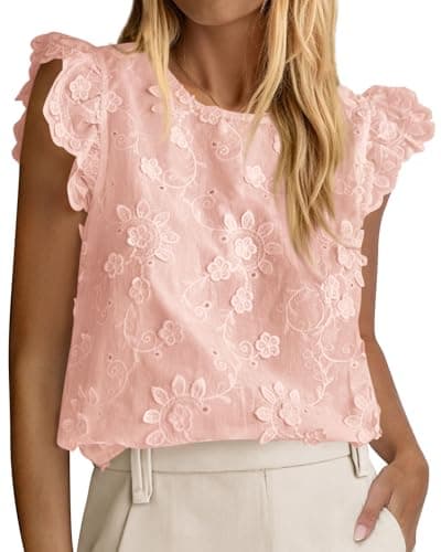 KIRUNDO Blouses for Women Dressy Casual Lace Ruffle Cap Sleeve Tops 2026 Summer Eyelet Floral Embroidered Cute Boho Shirts(Pink, XX-Large) - Image 1