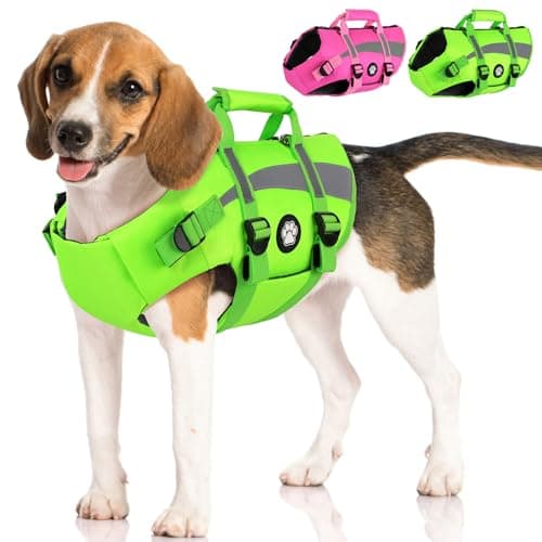 Dogcheer Harness-Style Dog Flotation Vest with Rescue Handle, Reflective Safety Dog Life Jacket, Adjustable Puppy Water Vest for Swimming, Boating, Pool & Beach - Green, S