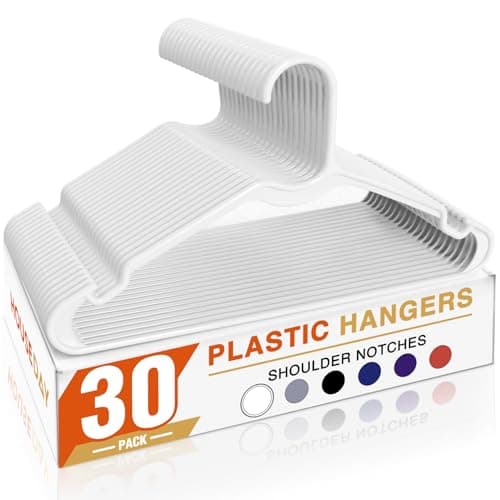 HOUSE DAY White Plastic Hangers 30 Pack, 16.25" Slim Hangers with Non-Slip Extended Notch, Perfect for Plus Size & Curvy Fits, Closet Organization Essential, Space Saving for Dorm Apartment Home - Image 1