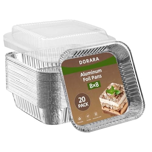 DORARA 8x8 Square Aluminum Baking Cake Pans with Lids - 20 Pack Foil Pan For Cooking, Heating, Baking Cakes, Storing, Roasting or Homemade Breads - Aluminum Baking Pans Disposable - Bottom: 6.5x6.5 - Image 1