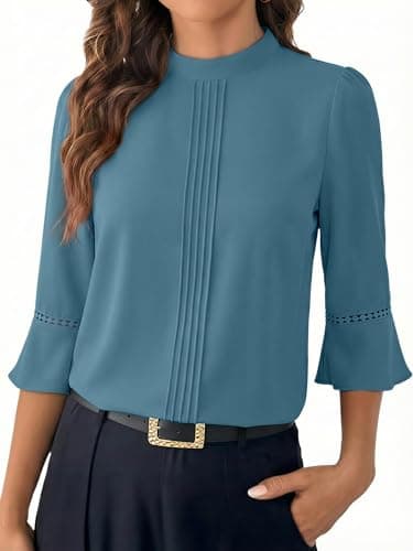 Funlingo Womens 3/4 Sleeve Tops Fashion Dressy Casual Spring Tunic Blouses Mock Neck Loose Work Shirt for Business Office Grey Blue M - Image 1