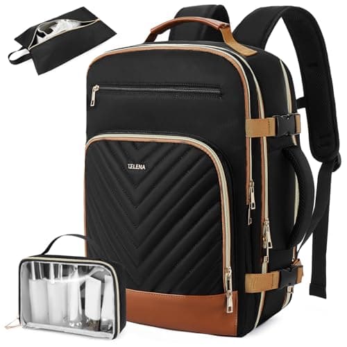 Telena Travel Backpack for Women, 17.3 inch Laptop TSA Carry On Personal Item Size Flight Approved Travel Bag Daypack with Multi-Pockets for Work, Travel, Business, Black-Brown - Image 1