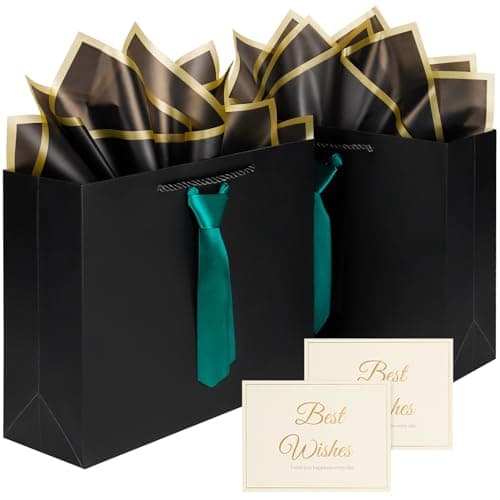 Fathers Day Gift Bags,Birthday gift bags with Handles and Pre-Tied, 4 tissue paper and 2Greeting Cards, thank you gift bags for men , Teacher gift bags,Graduation Party Wedding gift-bags (Medium black/green) - Image 1