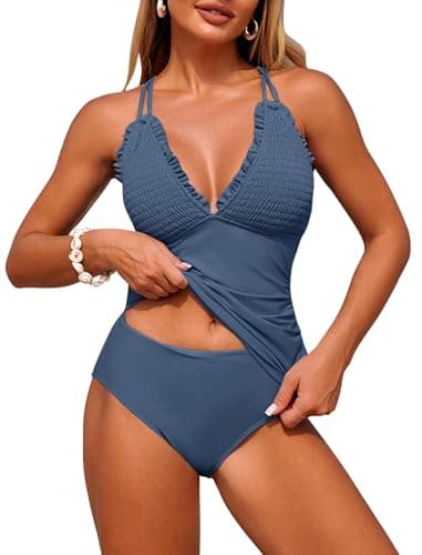 ZAFUL Tankini Swimsuits for Women Smocked Two Piece Tankinis Modest Tummy Control Bathing Suit Sexy Adjustable Straps Push Up Swimsuits with High Waisted Bottom Slimming Full Coverage Swimwear Blue S - Image 1