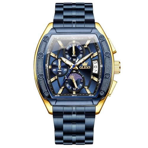OLEVS Blue Face Luxury Large Square Men’s Watch Stainless Steel Dress Waterproof Classic Watches for Men Fancy Chronograph Analog Watch Men Adjustable Fashion Business Original Quartz Wristwatches. - Image 1