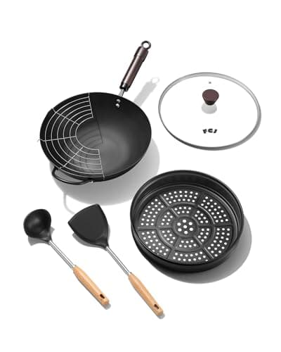FGJ Wok, 13 Inch Carbon Steel Wok Pan Set 6PCS & Stir-fry Pans Nonstick, Pre-Seasoned 5.8QT Flat Bottom Chinese Woks Roasting Pan Set, Carbon Steel Cookware, Compatible with All Cooktops