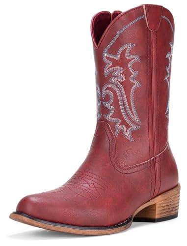 Jeossy Women's Red Round Toe Cowboy Boots Mid-Calf Western Cowgirl Boots with Stitched Embroidery, 9806 Fashion Boots for Country Concert & Daily Outfits Size 10 (DJY9806 red 10) - Image 1
