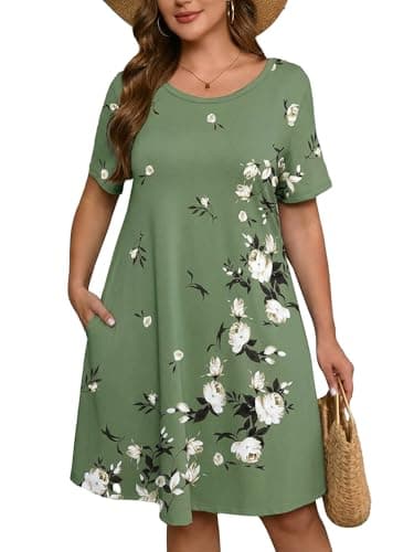AusLook Plus Size Floral Midi Dress for Women Casual Summer Short Sleeve A Line Swing 5X Dress with Pockets Round Neck Flowy Knee Length T Shirt Vacation Beach Sundress - Image 1